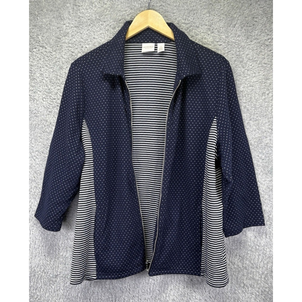 Chicos Weekends Womens 2 Medium Jacket Blue White Polka Dot Stripe Cotton Zip